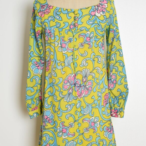 vintage 60s dress psychedelic print mod baroque green twiggy mini hippie S M - Picture 8 of 10